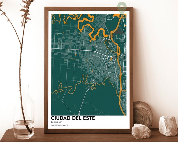 Ciudad del Este Paraguay Street Map Deep Green Gold Rivers Art Print