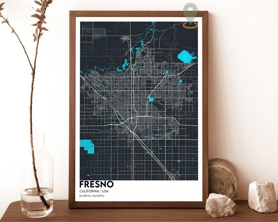 Fresno California Dark Navy Blue Modern City Map Home Decor Poster