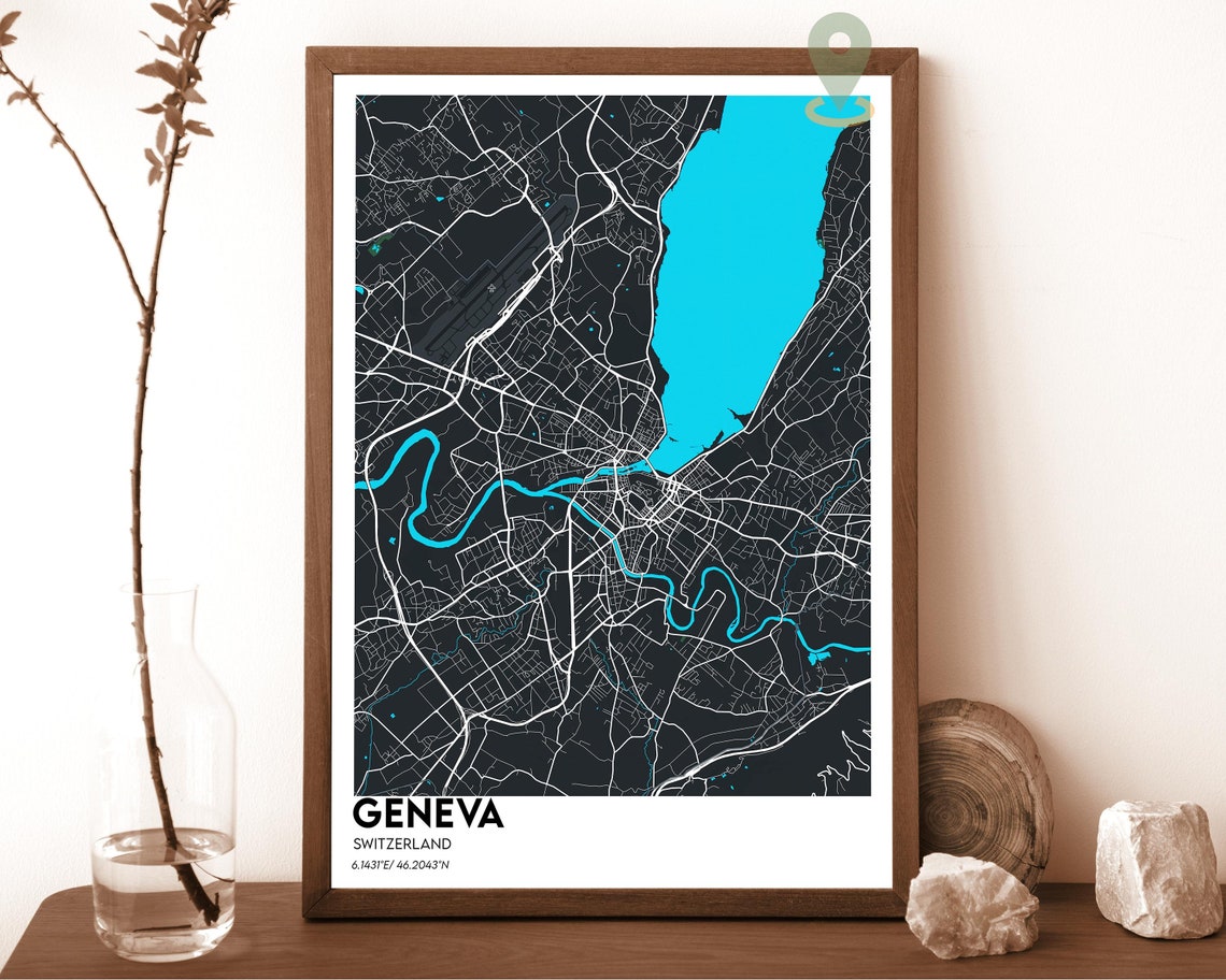 Geneva Switzerland Teal Peach Modern City Map Home Decor Poster - Image 5