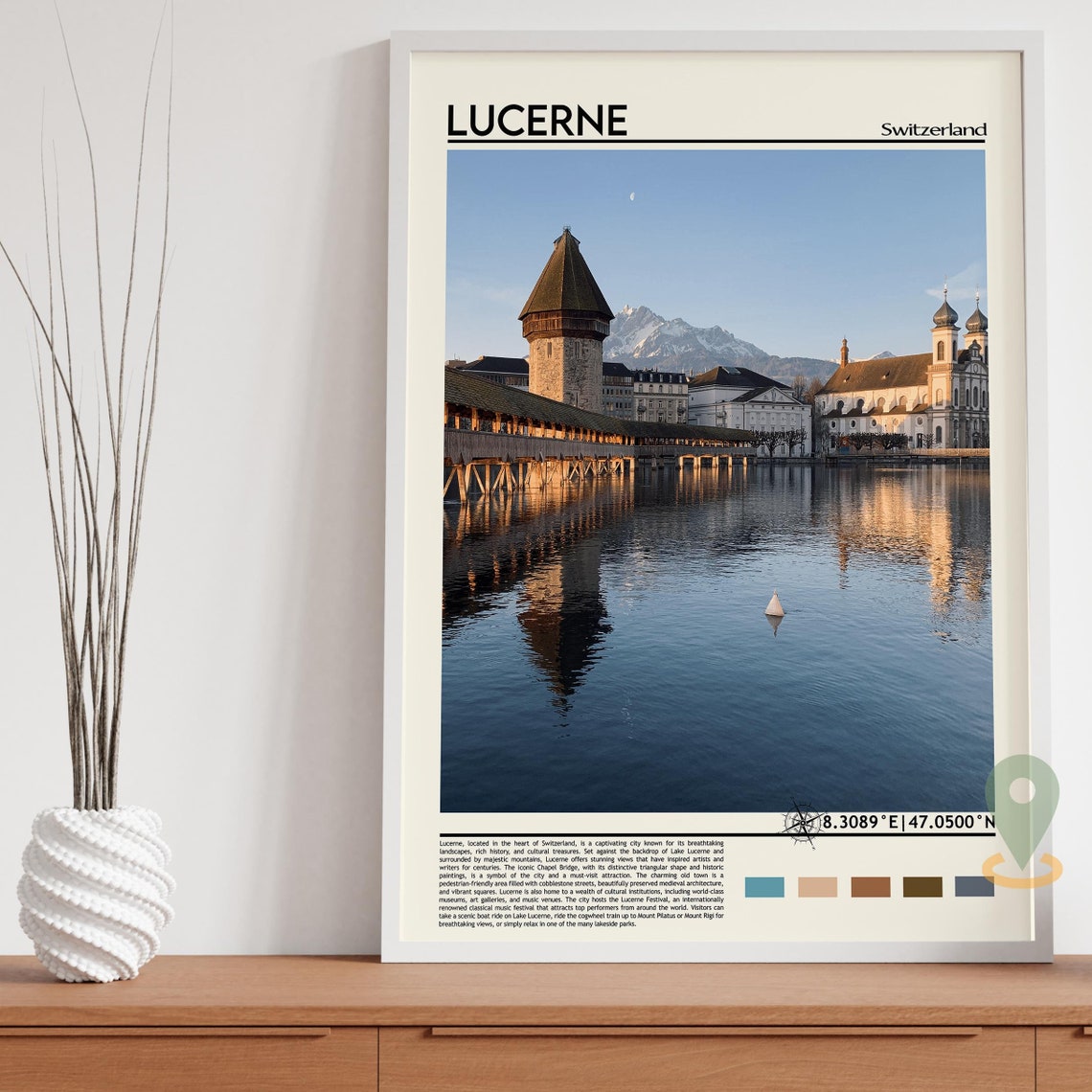 Lucerne Switzerland Historic Chapel Bridge Lake Sunset Poster - Image 3