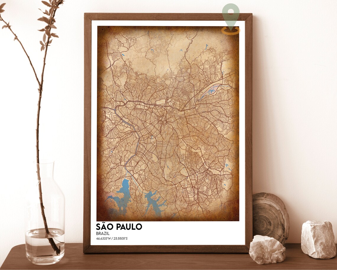São Paulo Brazil Vintage Parchment City Street Map Art Poster