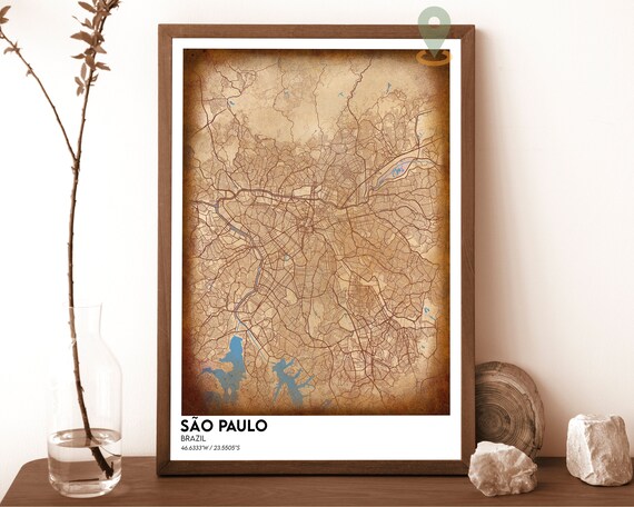 São Paulo Brazil Vintage Parchment City Street Map Art Poster
