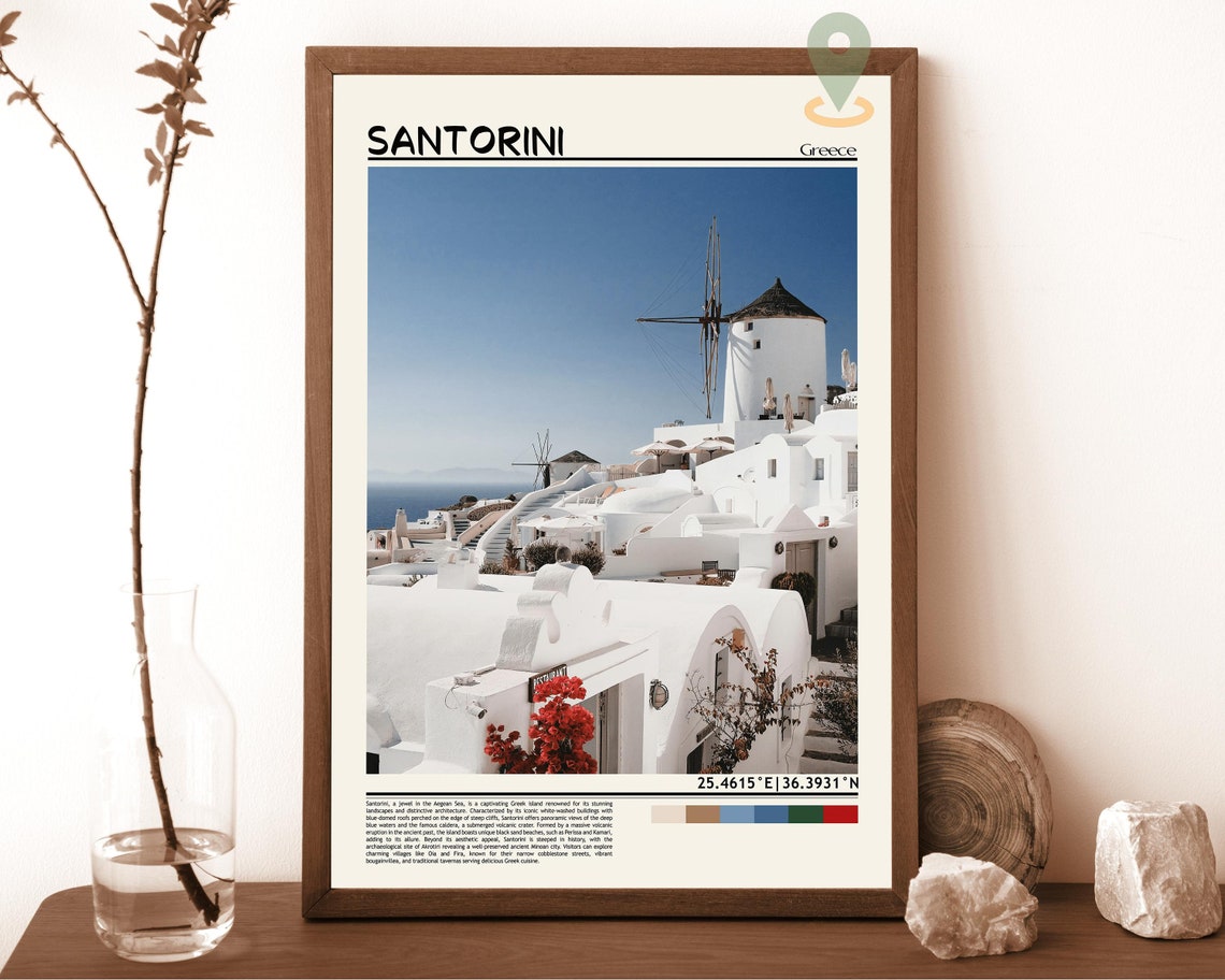 Santorini Greece Oia Windmills Whitewashed Village Aegean Poster