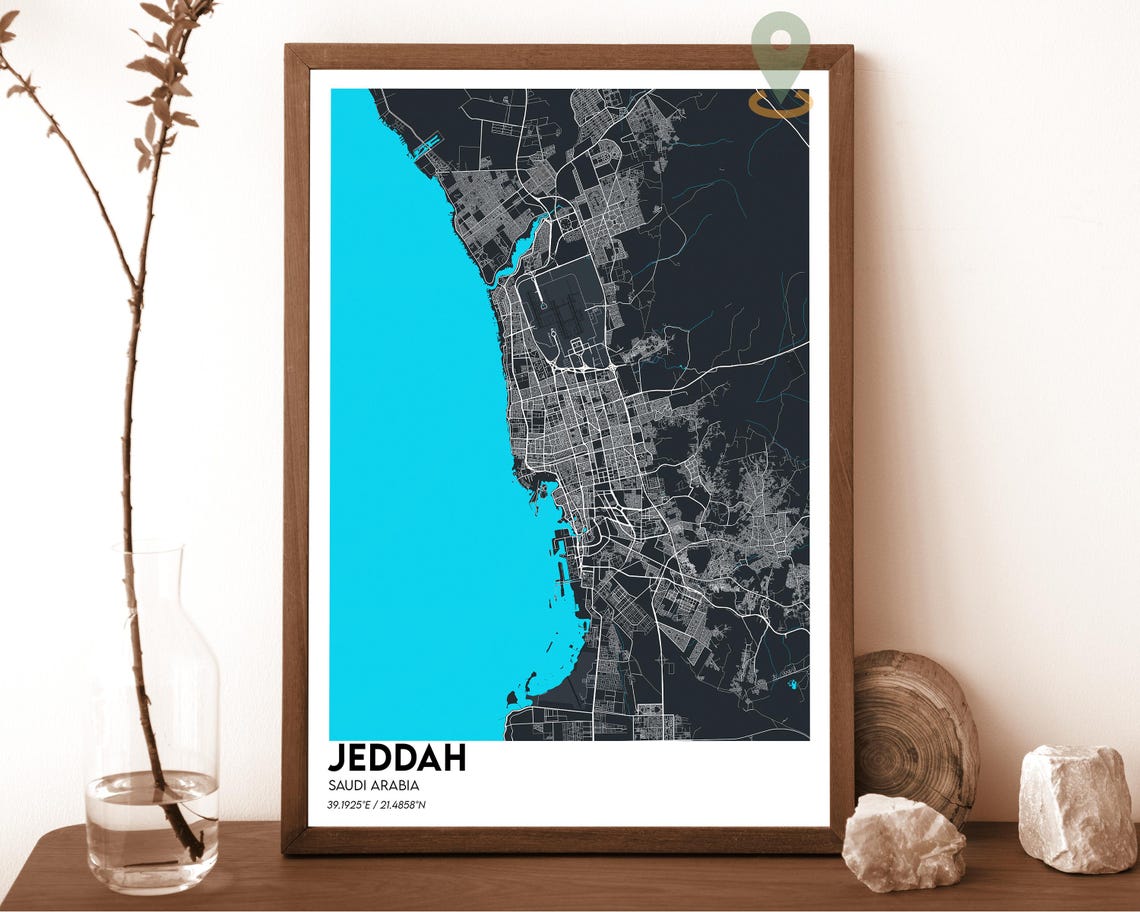 Jeddah Saudi Arabia Teal Orange Minimalist City Map Wall Art - Image 4