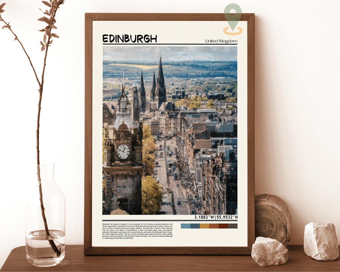 Edinburgh United Kingdom Clock Tower Street Oil Painting Travel Poster