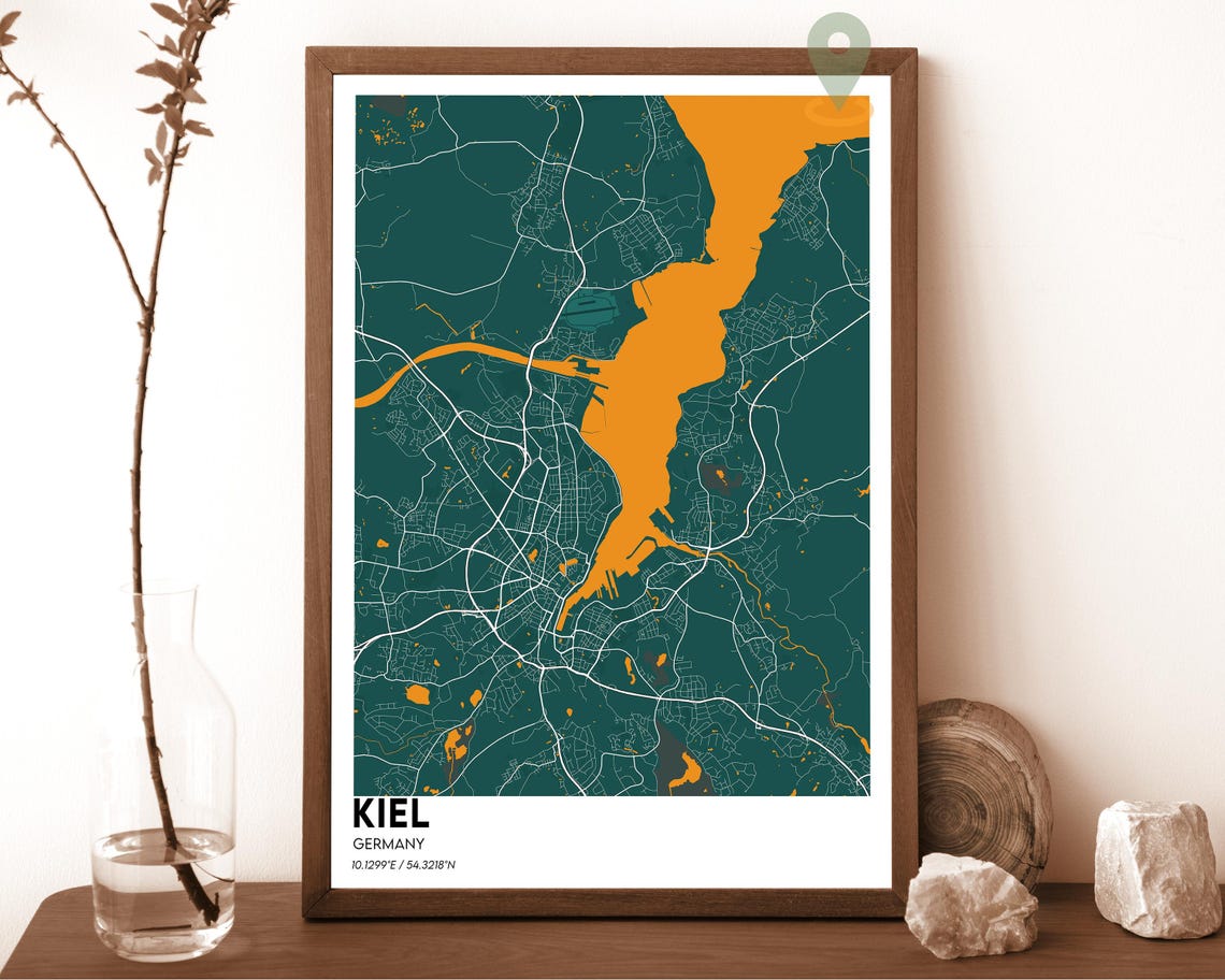 Kiel Germany Teal Fjord Orange Modern Minimalist City Map Wall Art
