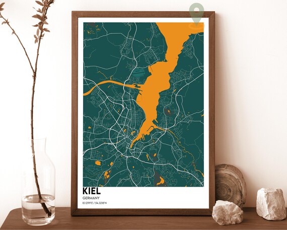 Kiel Germany Teal Fjord Orange Modern Minimalist City Map Wall Art