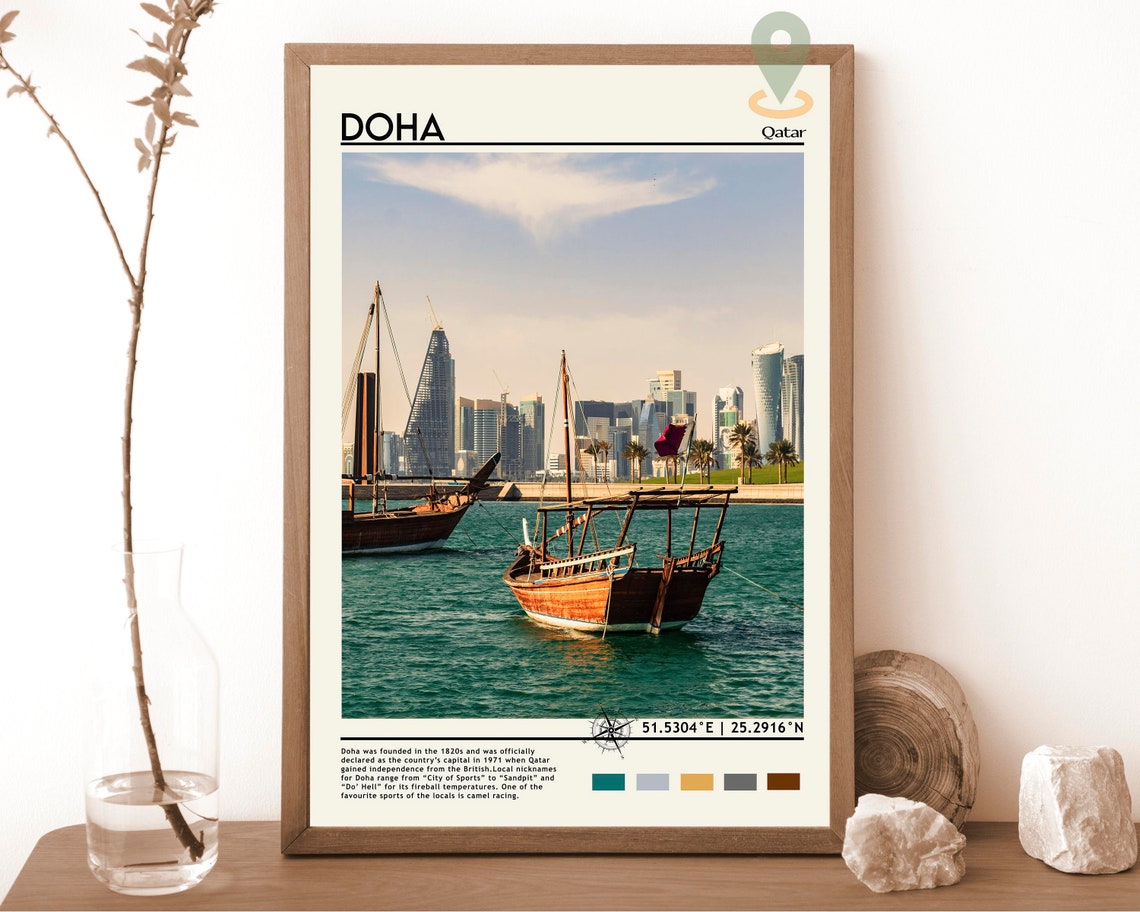 Doha Qatar Skyline Traditional Dhow Harbor Arabian Gulf Travel Poster