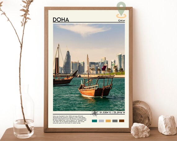 Doha Qatar Skyline Traditional Dhow Harbor Arabian Gulf Travel Poster