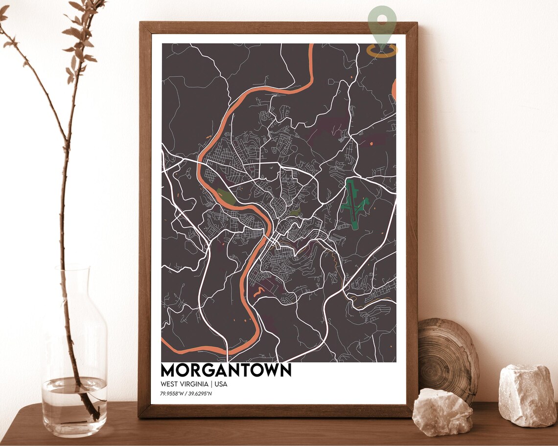 Morgantown West Virginia navy with a yellow river Street Map Coordinates Poster - Image 4