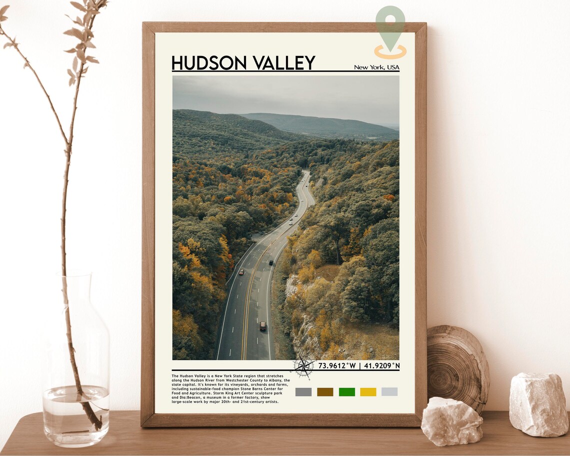 Hudson Valley New York Autumn Aerial Road Fall Foliage Travel Poster