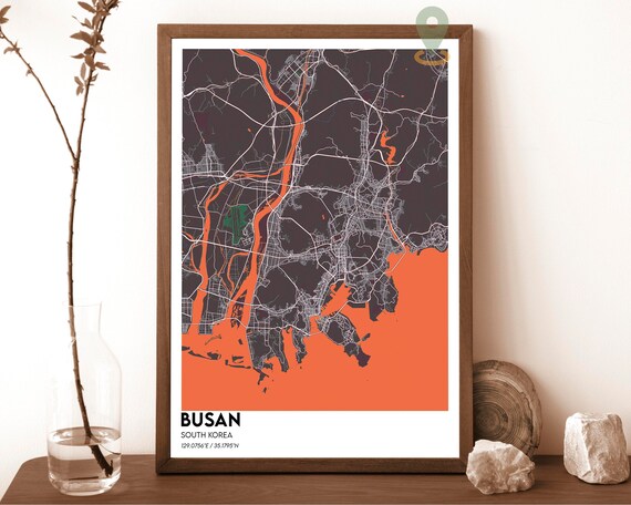 Busan South Korea City Map Art Poster Orange Charcoal Modern Decor