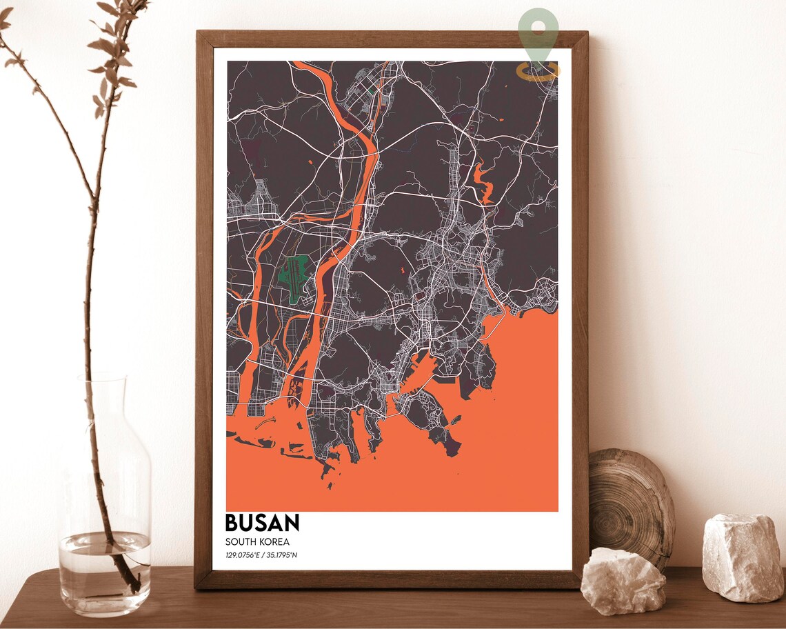 Busan South Korea City Map Art Poster Orange Charcoal Modern Decor