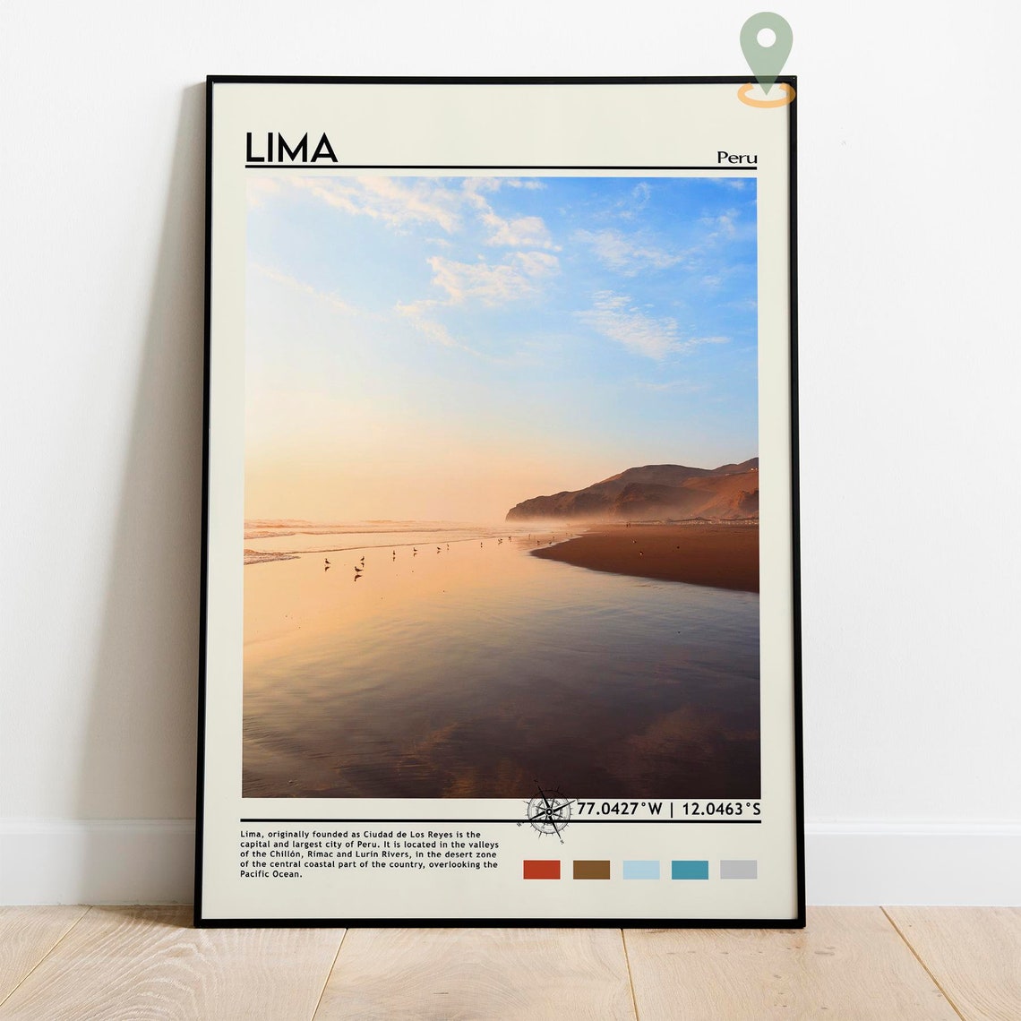 Lima Peru Pacific Beach Golden Sunset Waves Calm Travel Poster - Image 2