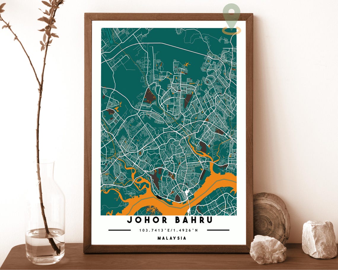 Johor Bahru Malaysia City Street Map Teal Orange Poster Decor