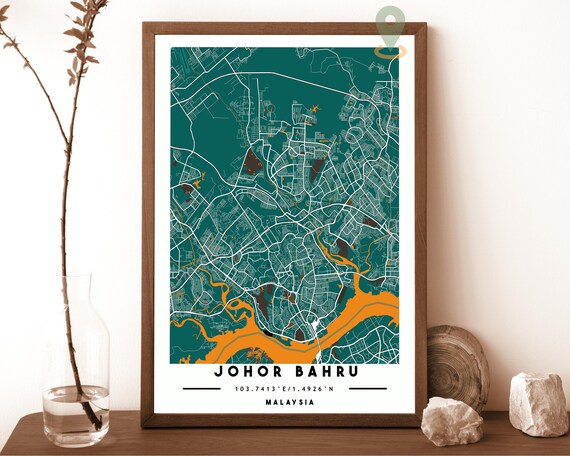 Johor Bahru Malaysia City Street Map Teal Orange Poster Decor