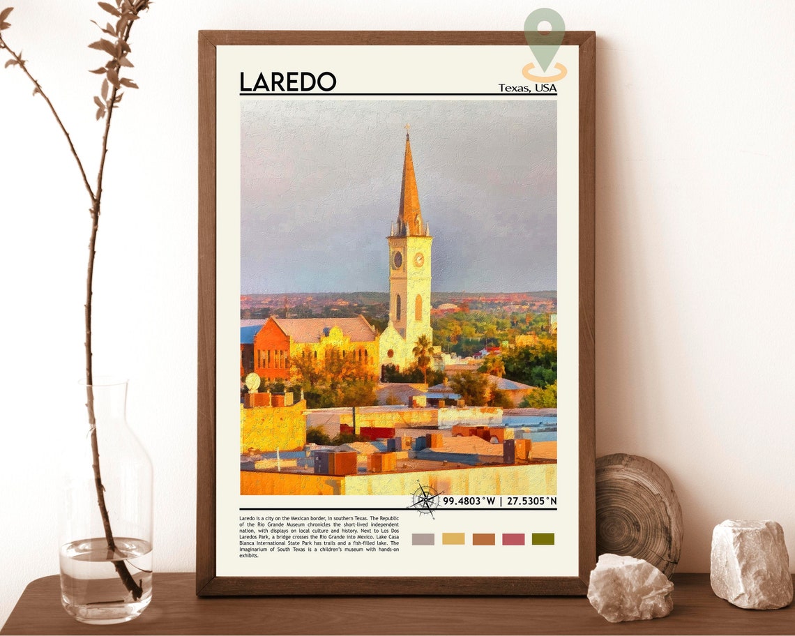 Laredo Texas Golden Hour Church Steeple Skyline Artwork Poster