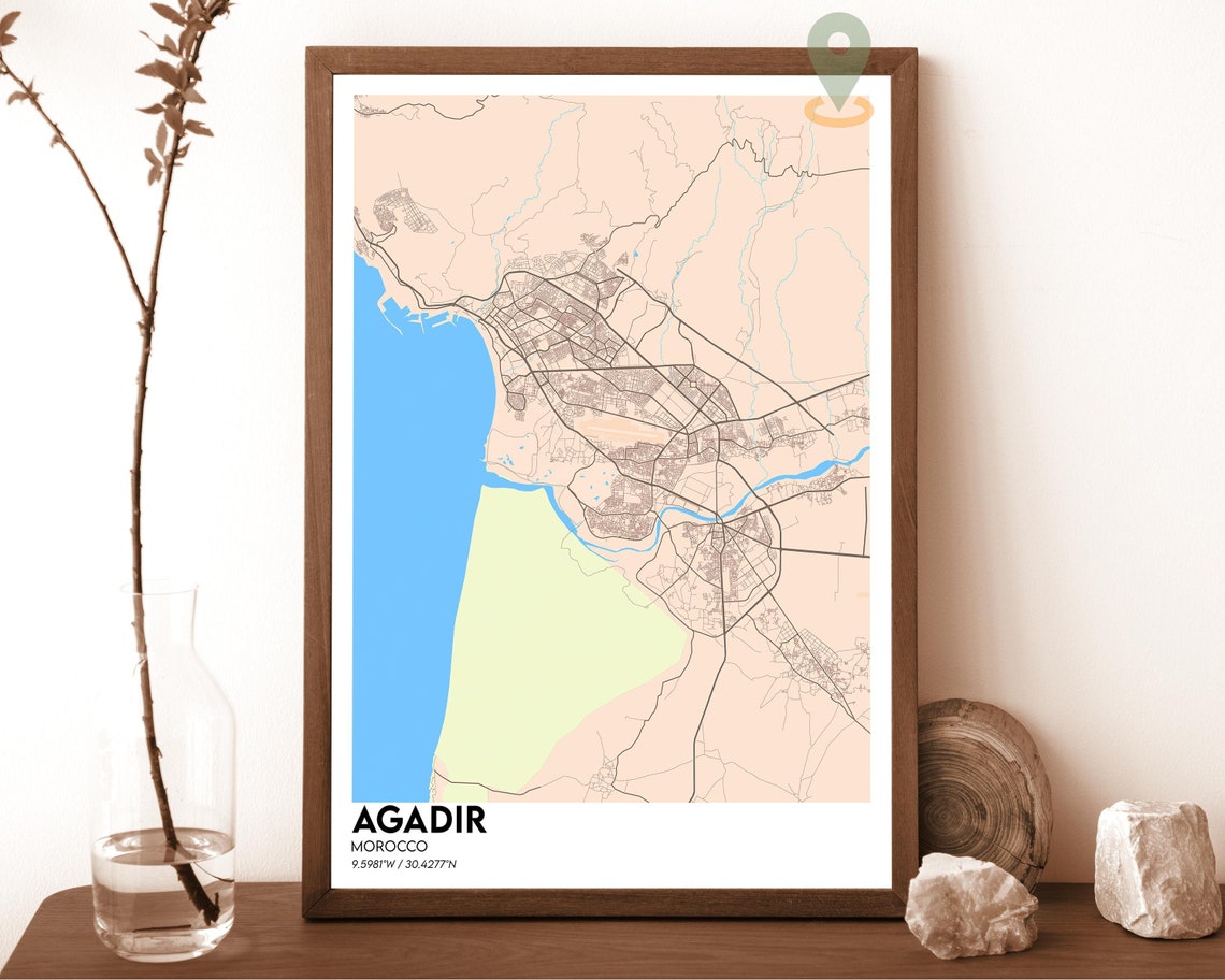Agadir Morocco Navy Blue Yellow Minimalist City Map Wall Art - Image 5