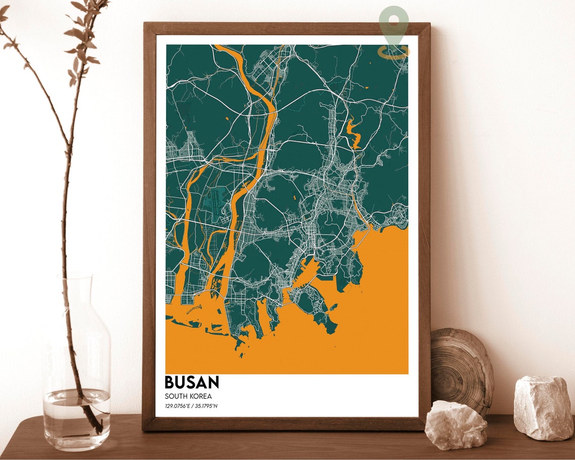 Busan South Korea City Map Art Poster Orange Charcoal Modern Decor - Image 5