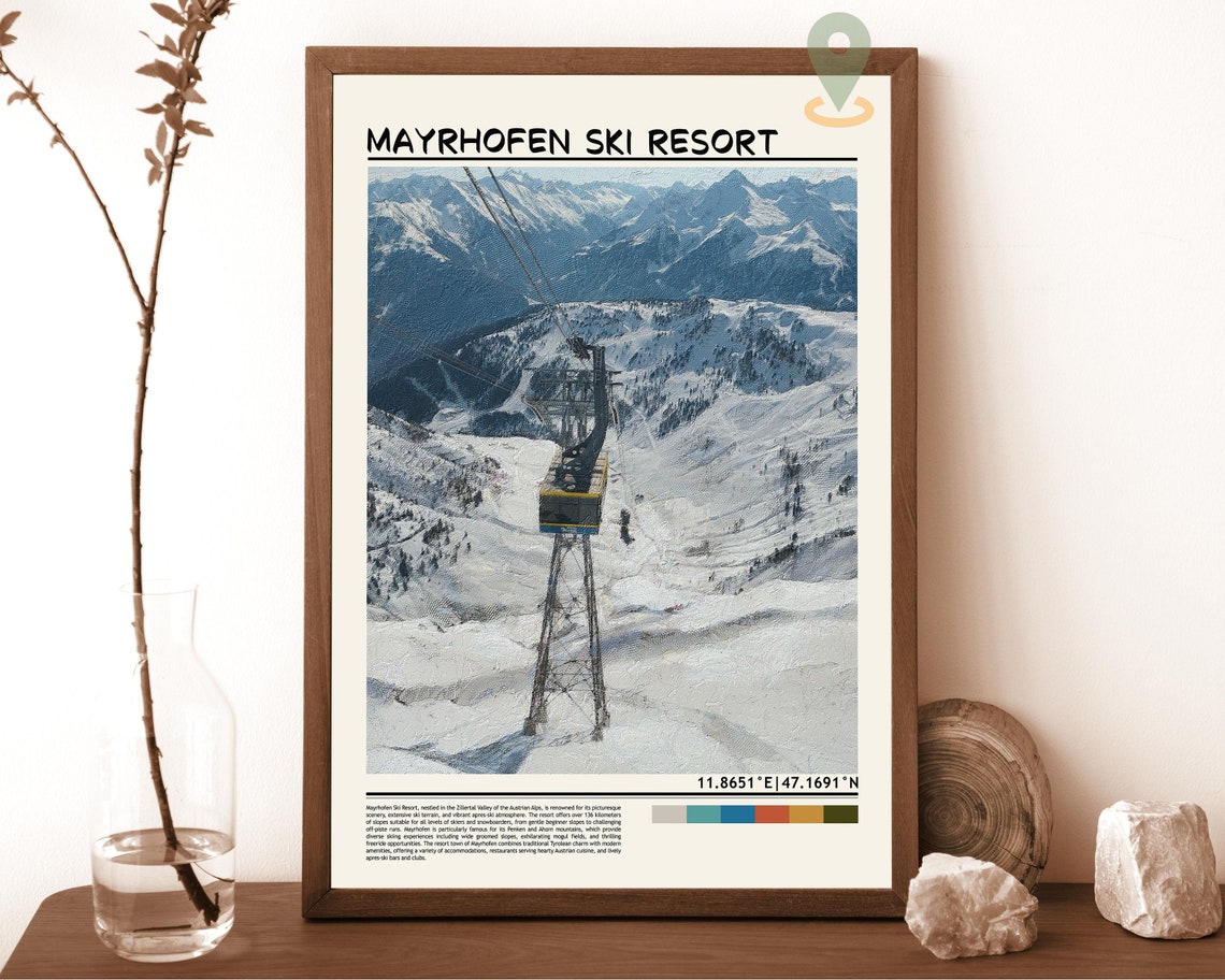 Mayrhofen Ski Resort Cable Car Ride Over Snowy Valley Poster