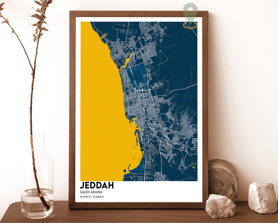 Jeddah Saudi Arabia Teal Orange Minimalist City Map Wall Art - Image 2