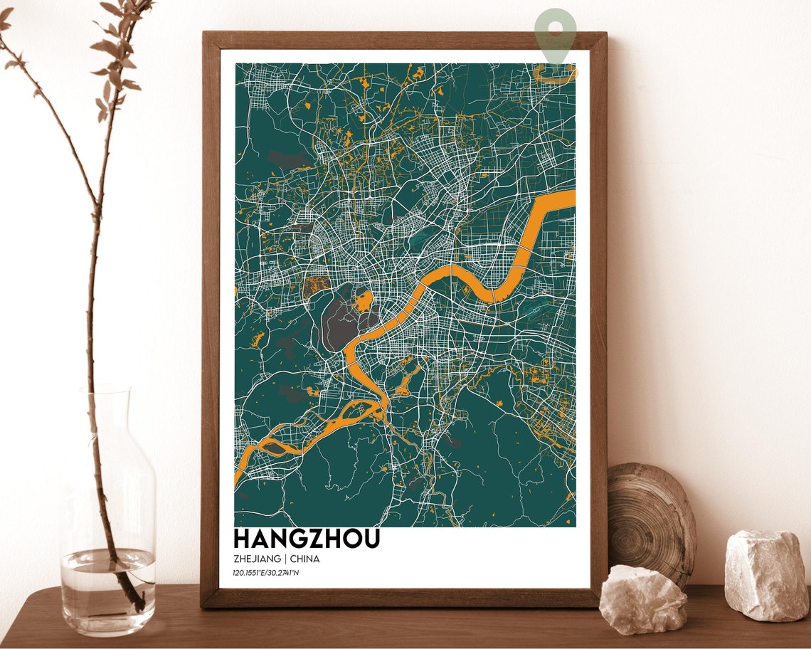 Hangzhou China Modern City Map Teal Orange Minimalist Poster