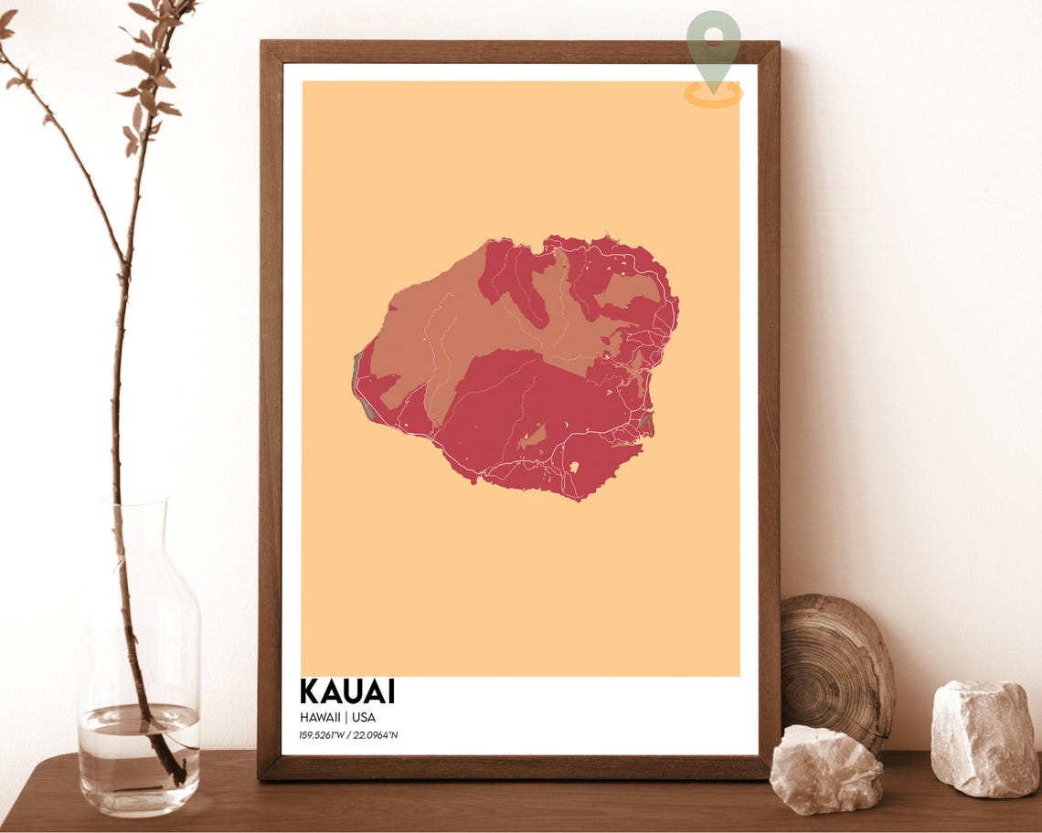 Kauai Hawaii Island Map Dark Navy on Bright Cyan Graphic Poster - Image 5