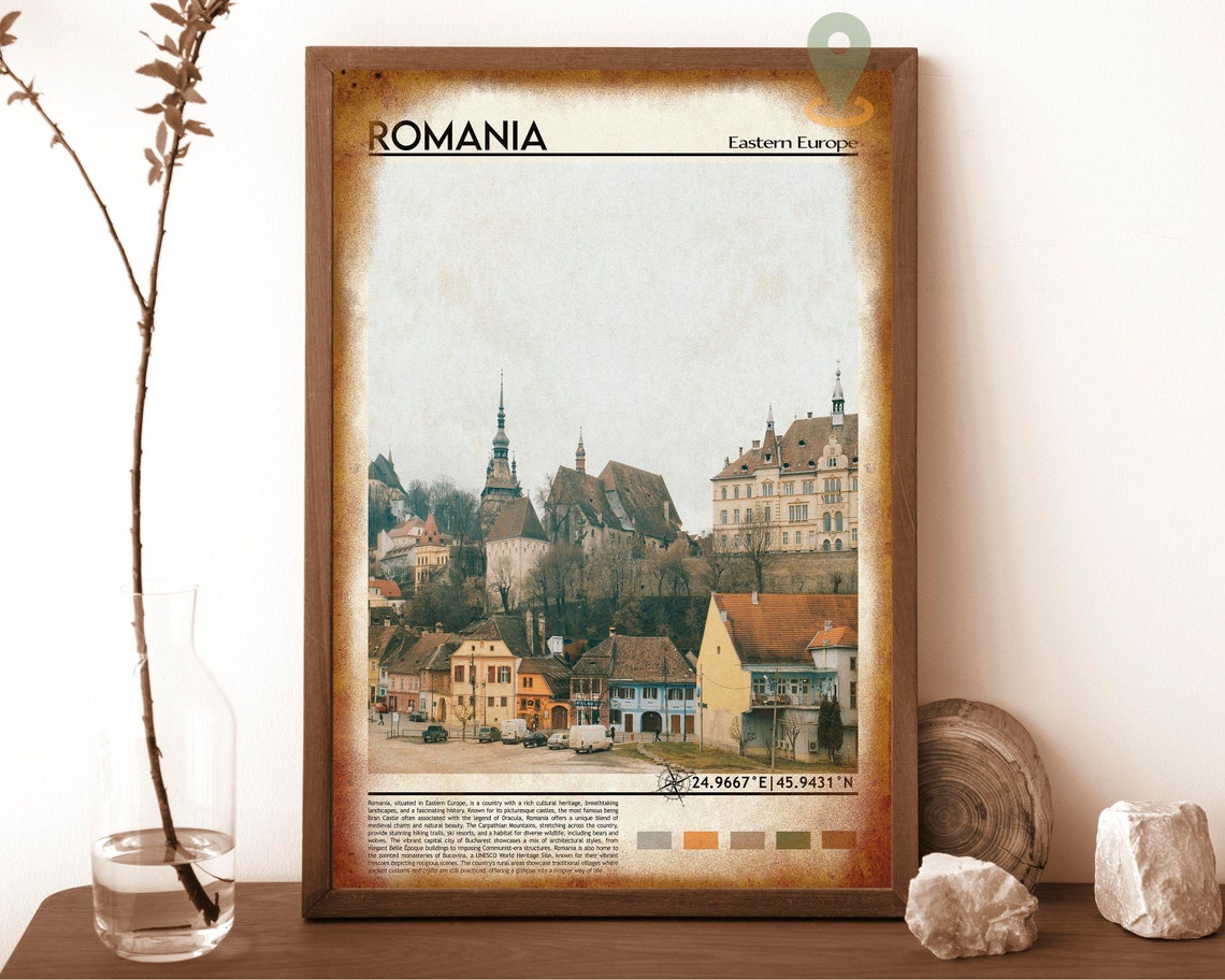 Romania Eastern Europe Medieval Hilltop Town Colorful Roofs Art Poster - Image 6