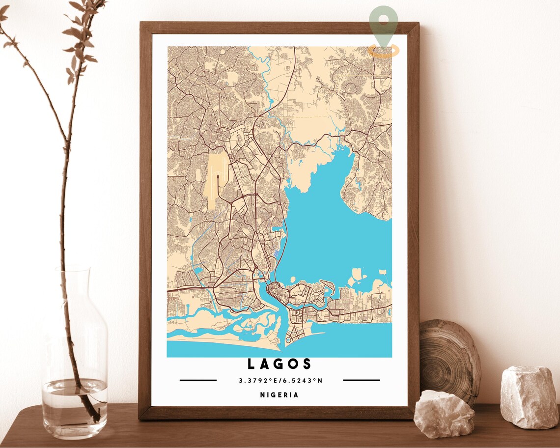 Lagos Nigeria charcoal with bold orange water Street Map Coordinates Poster - Image 3