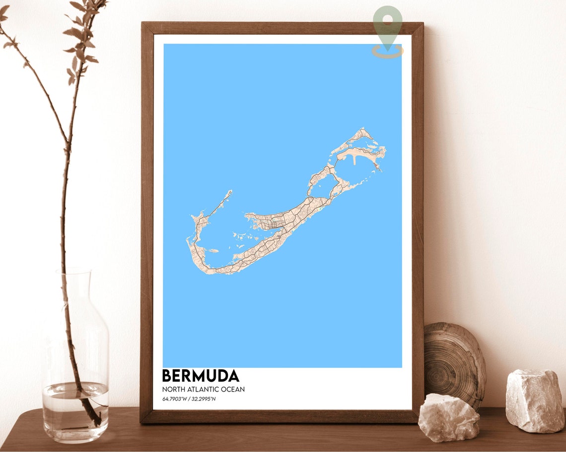 Bermuda North Atlantic Ocean Bold Vintage Blue Island Map Poster - Image 4