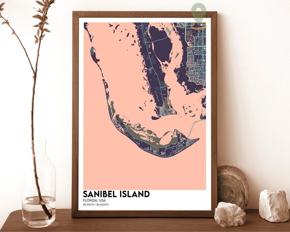 Sanibel Island Florida City Map Poster Peach Navy Coastal Art