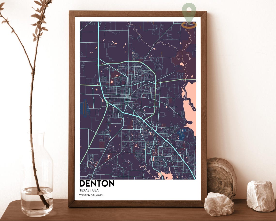 Denton Texas Modern Midnight Navy Mint City Street Map Art Print