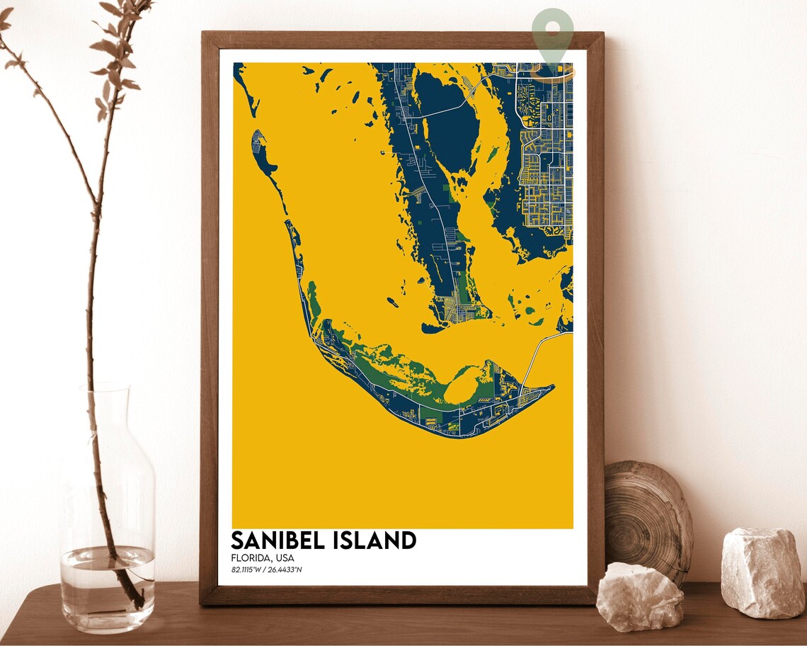 Sanibel Island Florida City Map Poster Peach Navy Coastal Art - Image 2