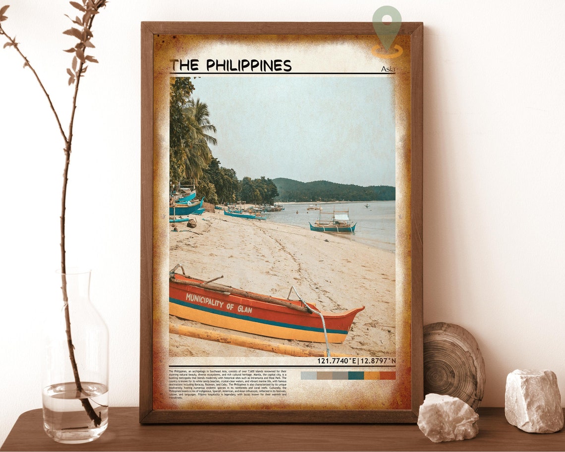 Philippines Glan Beach Colorful Outrigger Boats Shore Scene Poster - Image 6