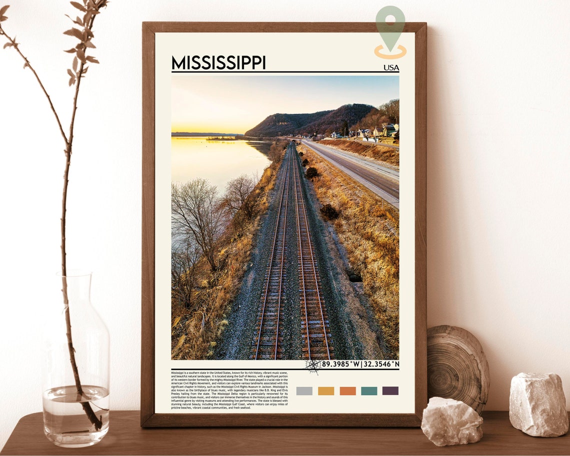 Mississippi USA River Railroad Tracks Sunset Golden Light Poster