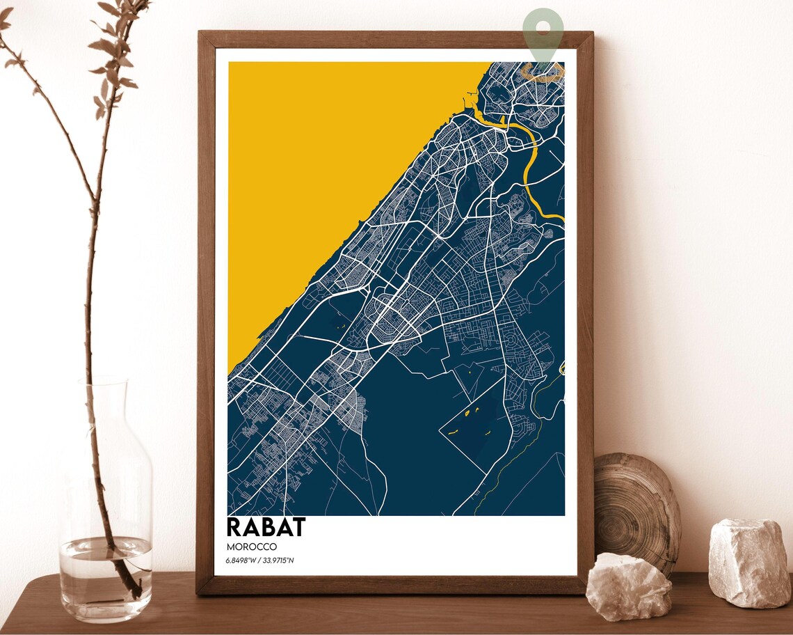 Rabat Morocco Navy and Gold Street Map Minimalist City Poster