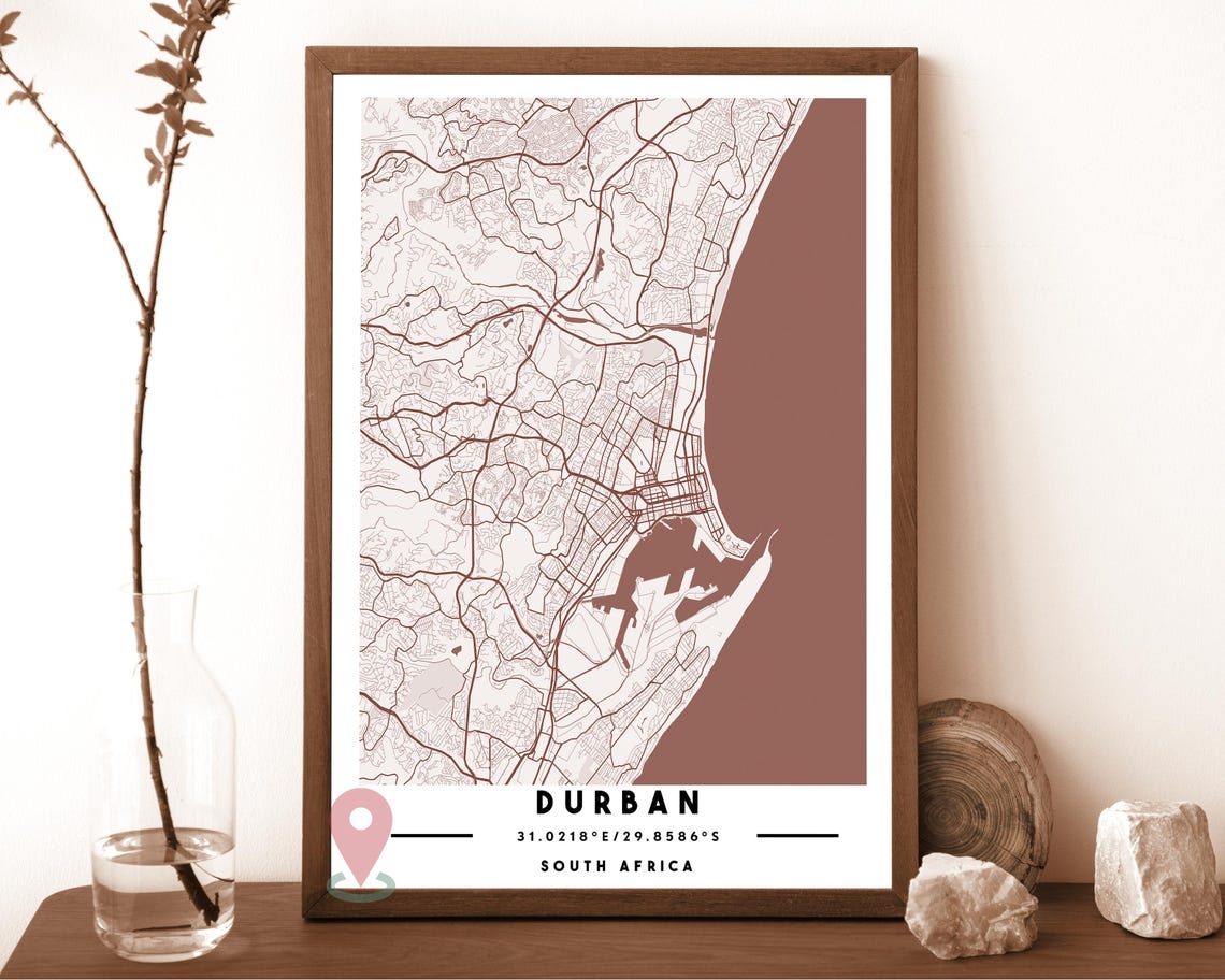 Durban South Africa Terracotta Minimal Coastal City Map Poster