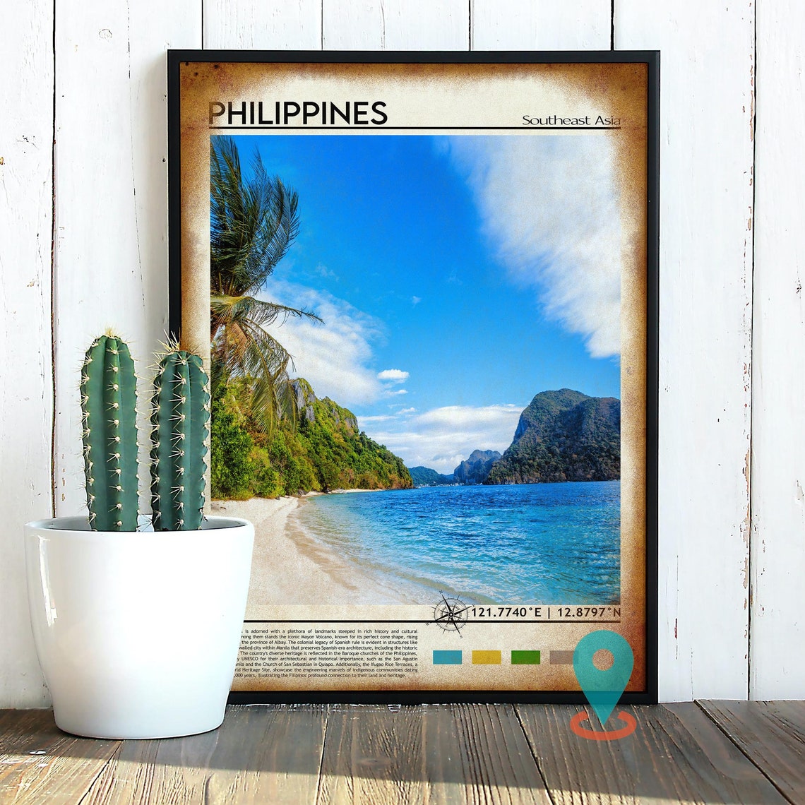 Philippines Tropical Beach Palm Trees Karst Cliffs Travel Poster - Image 5