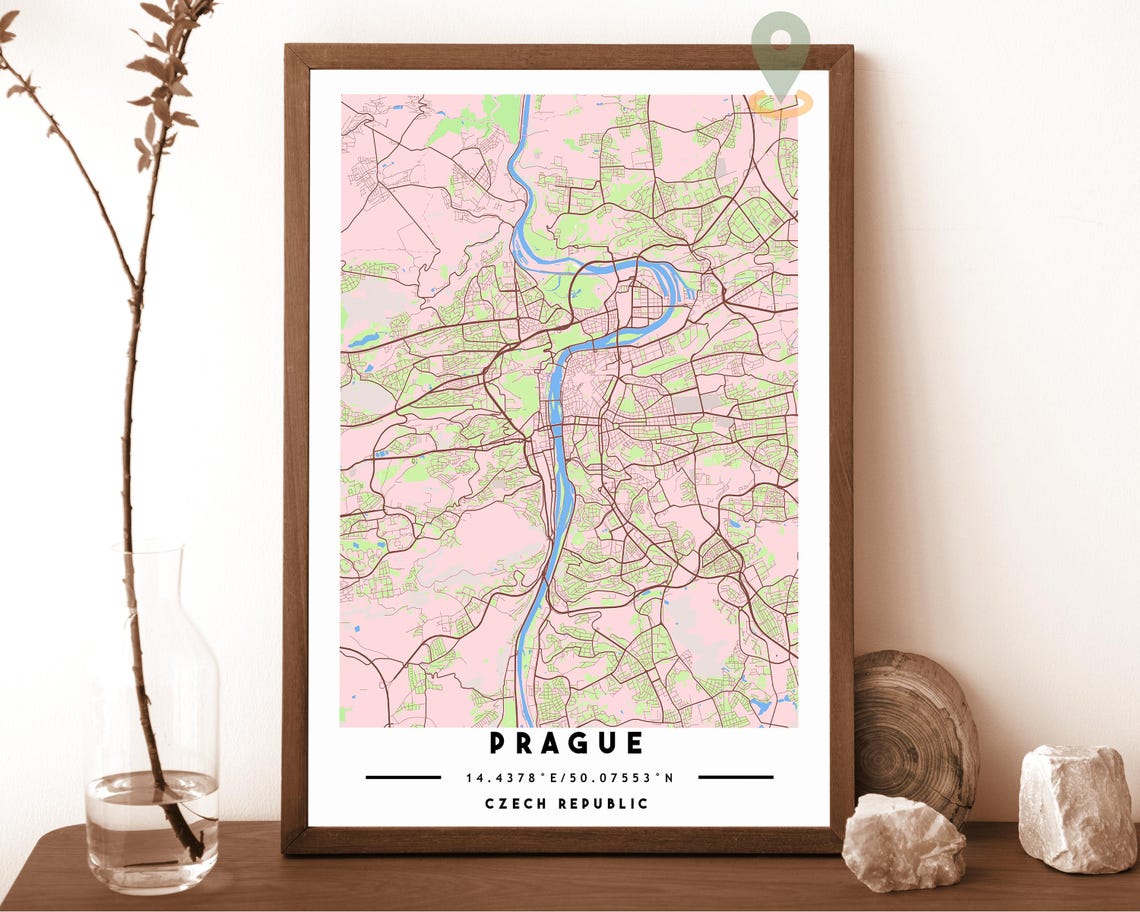 Prague Czech Republic Teal Orange River Street Map Bold Wall Art - Image 3