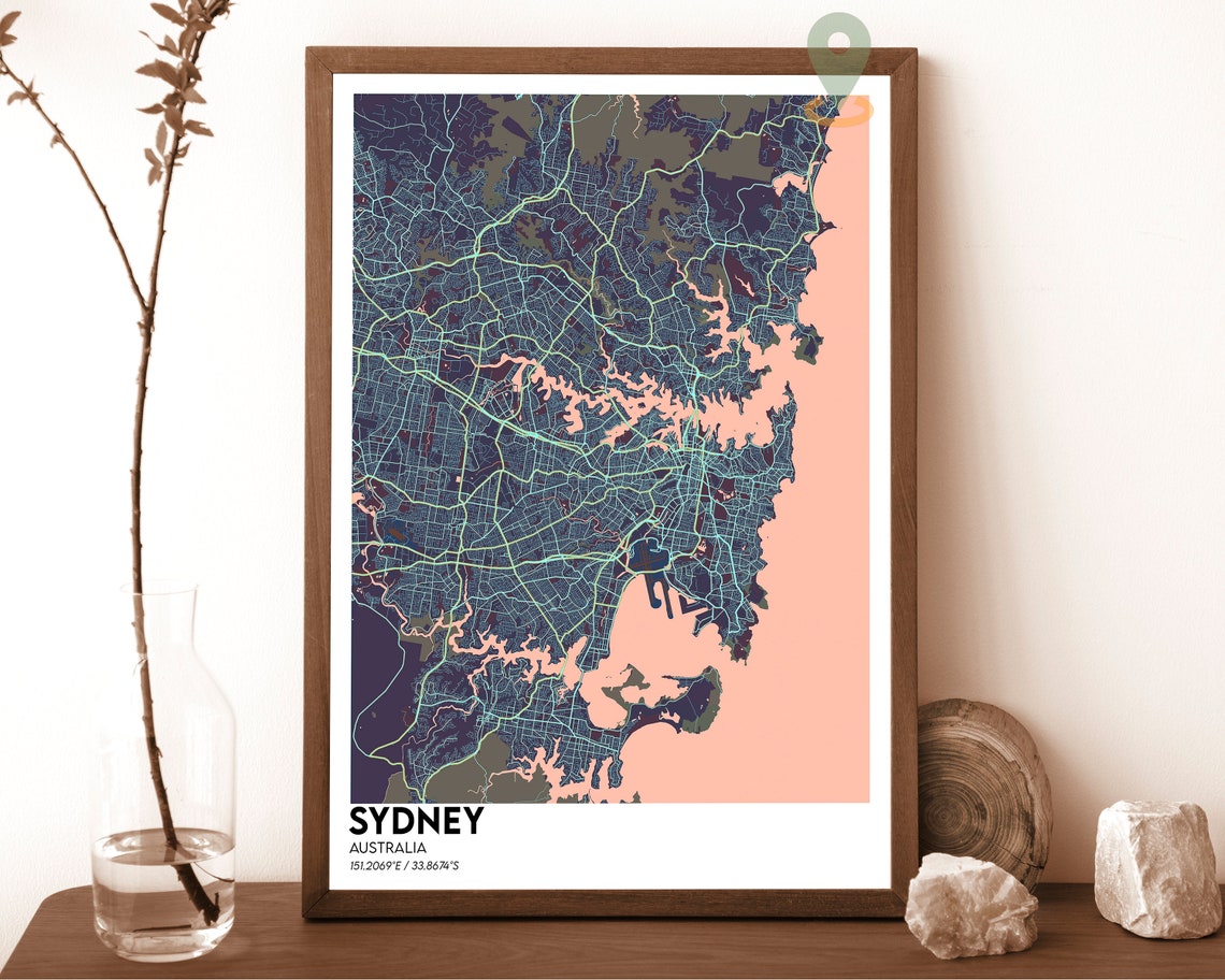 Sydney Australia Teal Street Map With Harbor Inlet Modern Art Poster