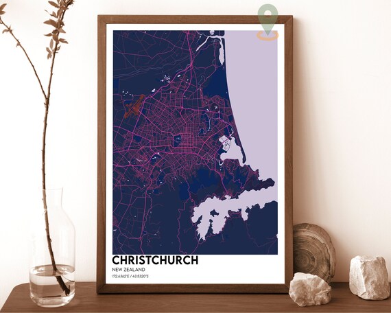 Christchurch New Zealand Neon Magenta Night City Street Map Art Print