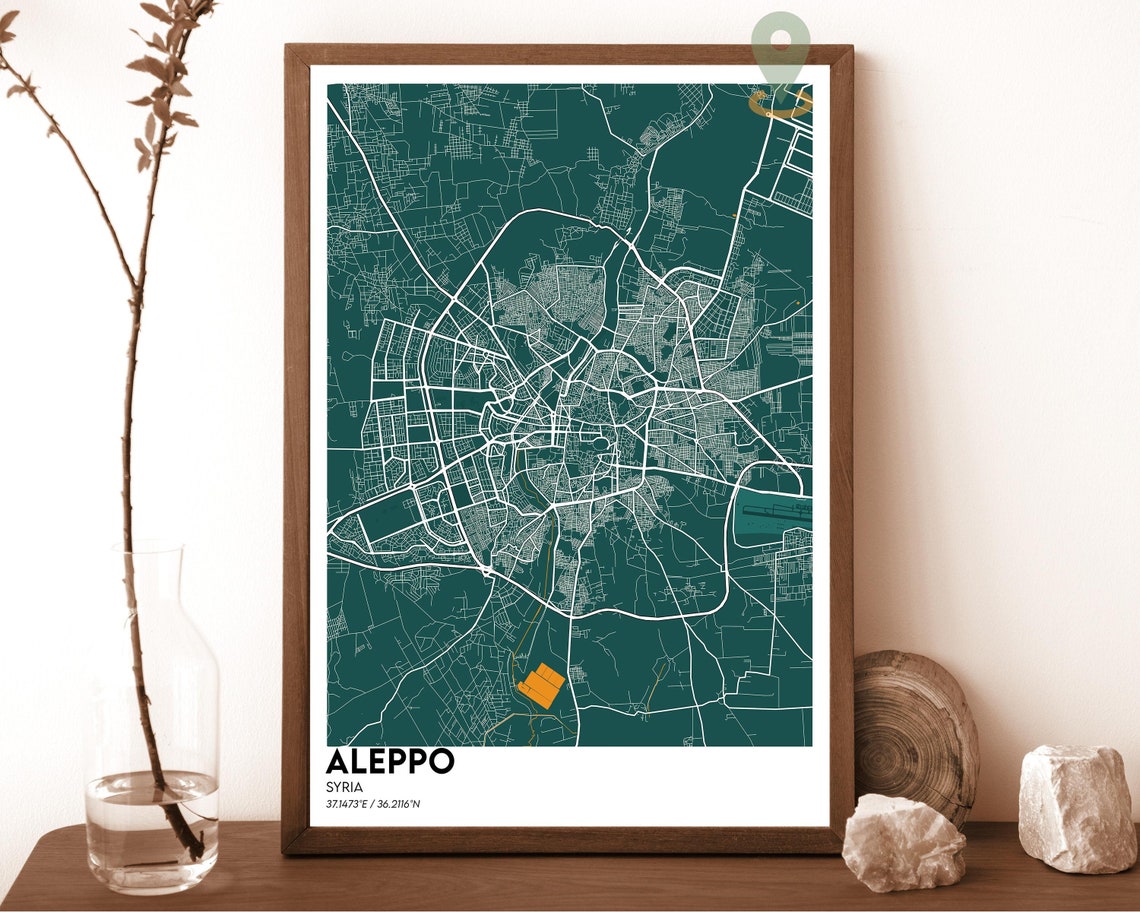 Aleppo Syria City Street Map Emerald Green Poster Wall Decor