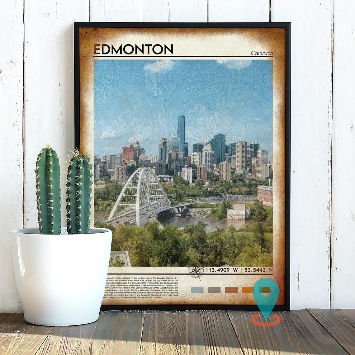 Edmonton Canada Painted Skyline Bridge Vintage Travel Poster - Image 2