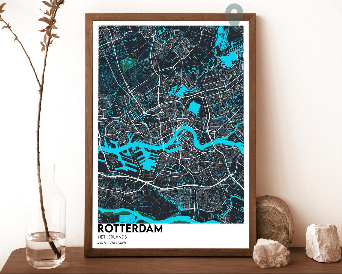 Rotterdam Netherlands Dark Cyan Harbor City Map Home Decor Poster