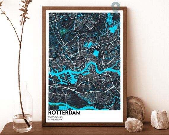 Rotterdam Netherlands Dark Cyan Harbor City Map Home Decor Poster