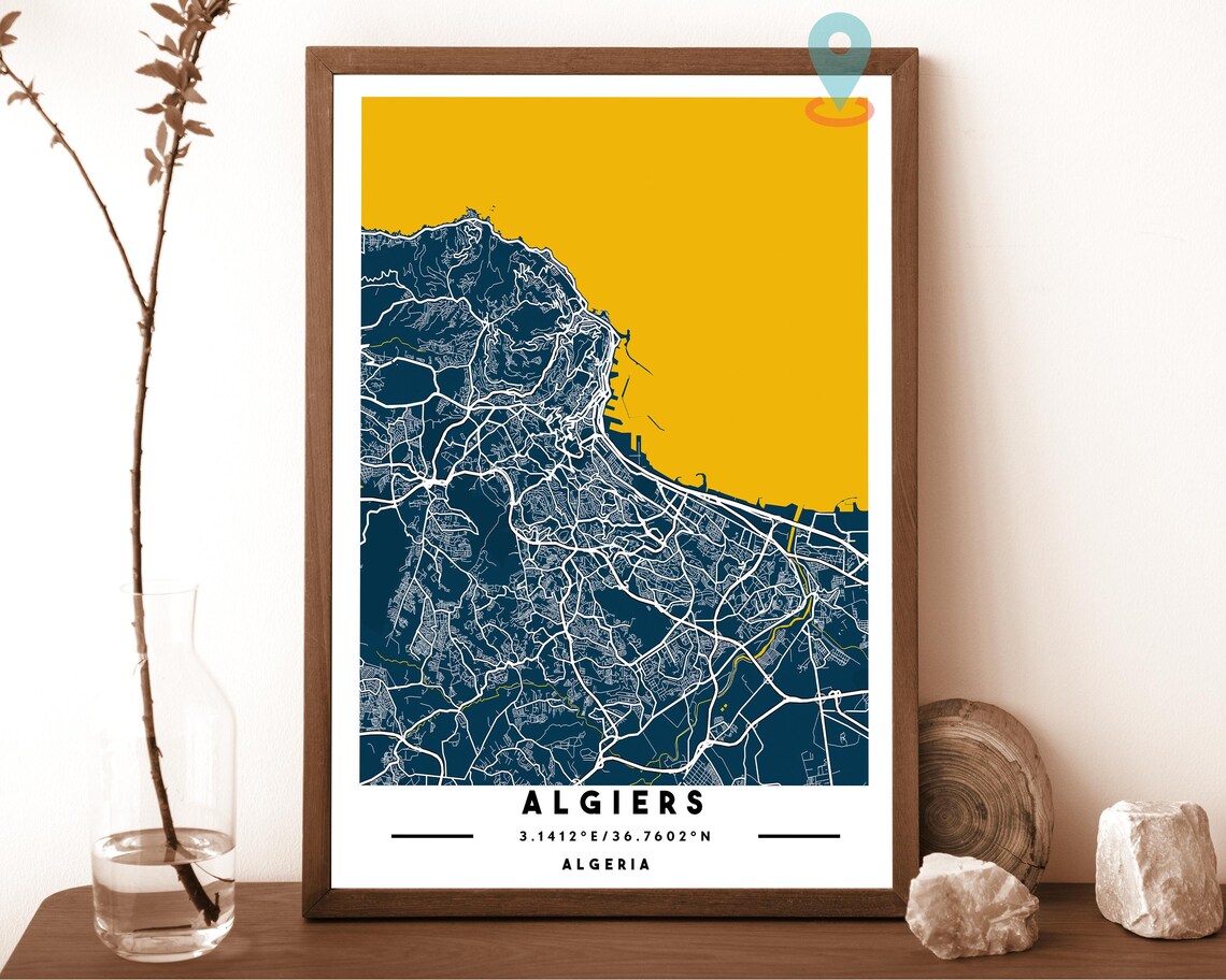 Algiers Algeria navy with a pale cream coast Street Map Coordinates Poster - Image 6