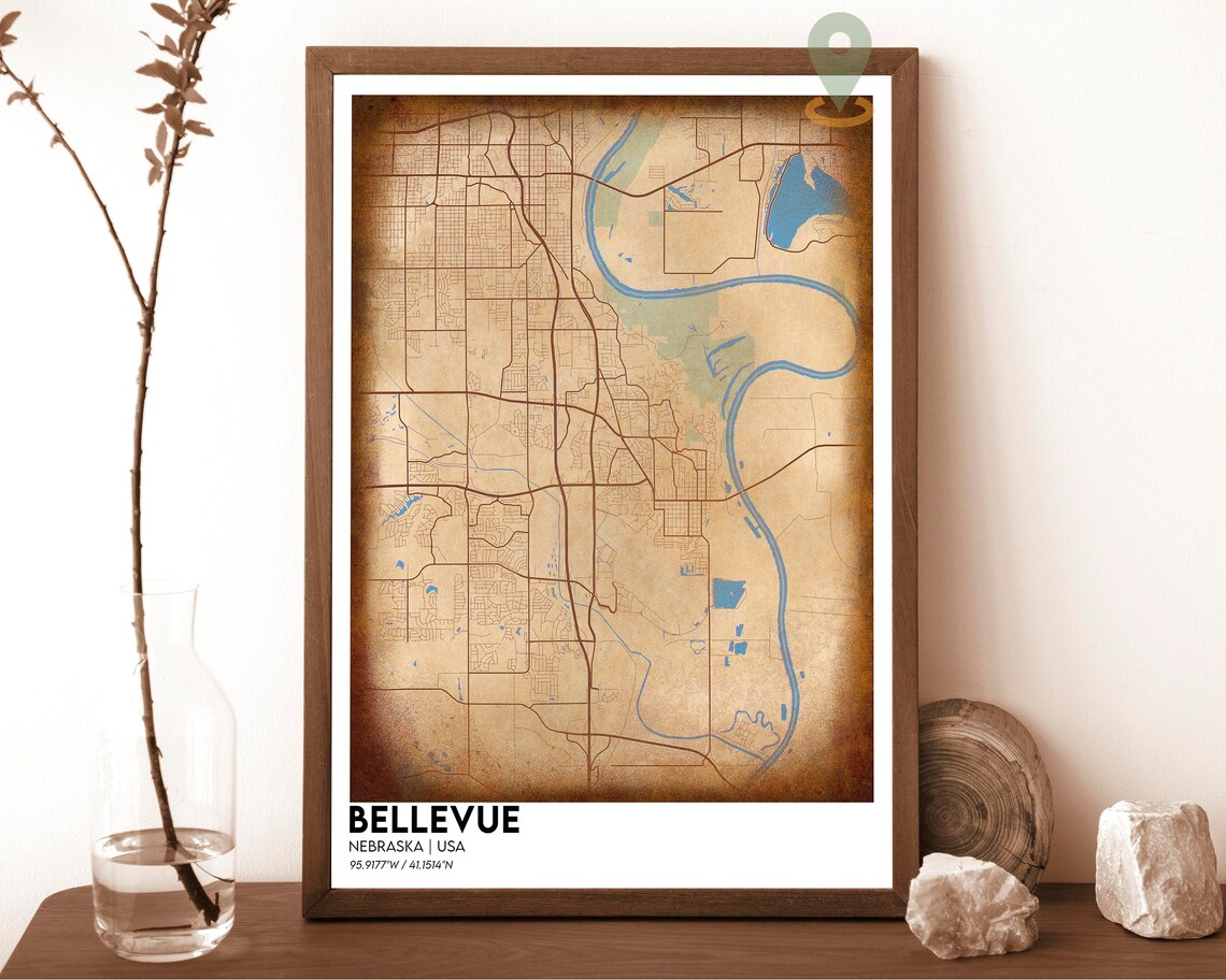 Bellevue Nebraska USA Vintage Parchment City Map River Art Poster