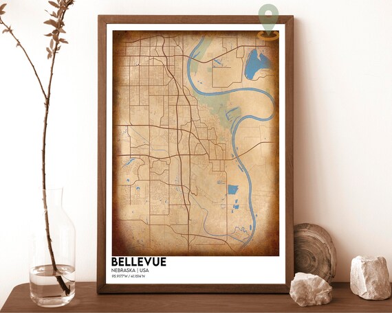 Bellevue Nebraska USA Vintage Parchment City Map River Art Poster