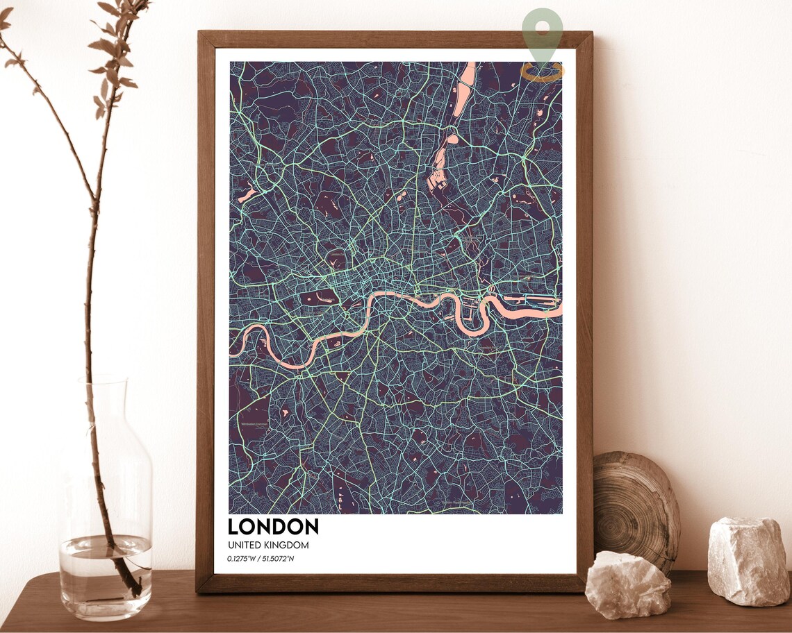 London United Kingdom Midnight Neon Street Map Art Decor Poster