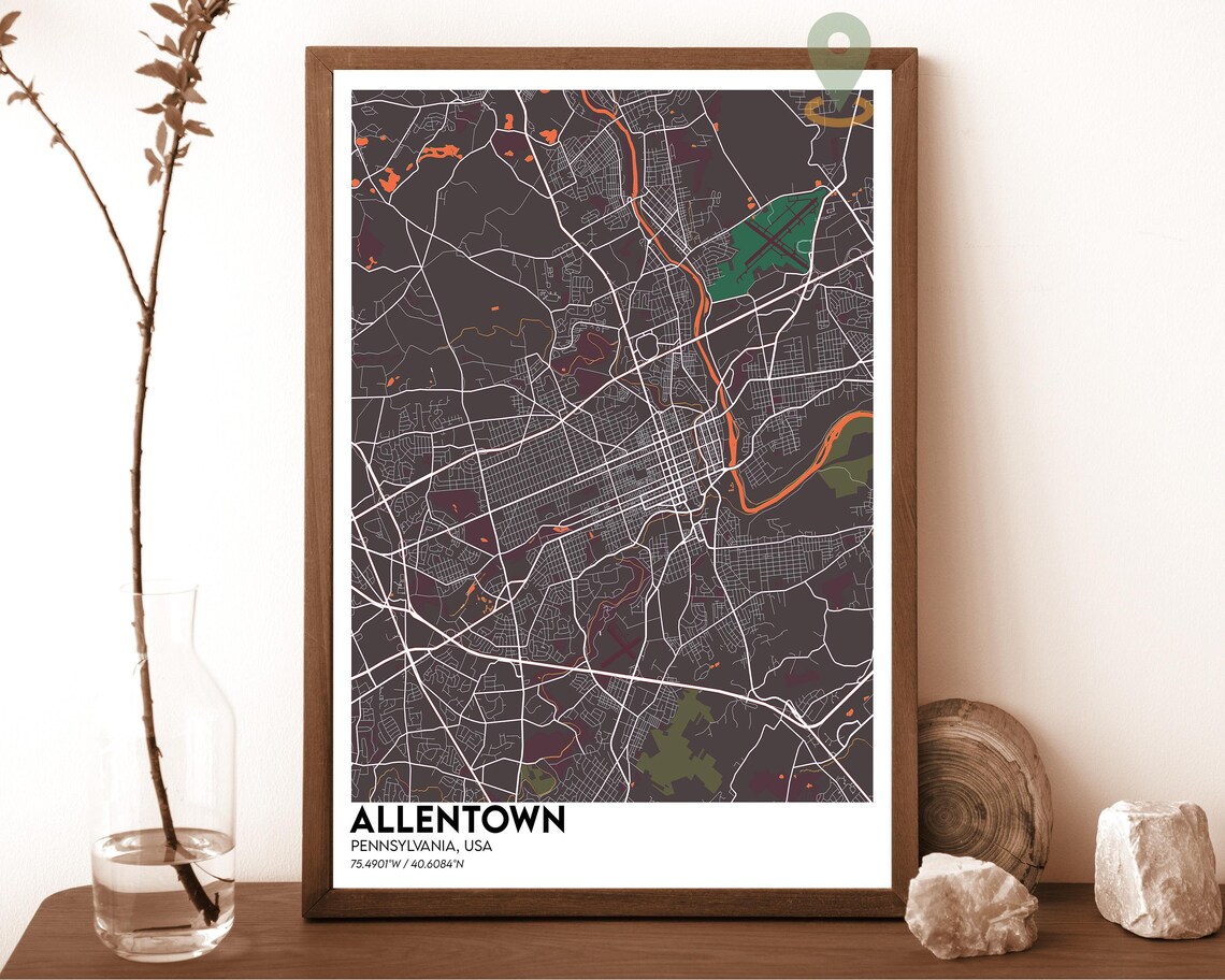 Allentown Pennsylvania blush pink with grey streets Street Map Coordinates Poster - Image 6